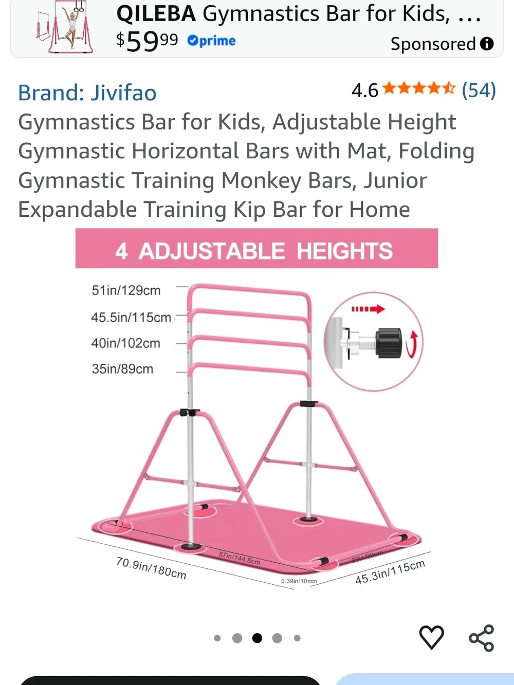 Kids Gymnastics Bar with Pink Mat - Adjustable Junior Training Set